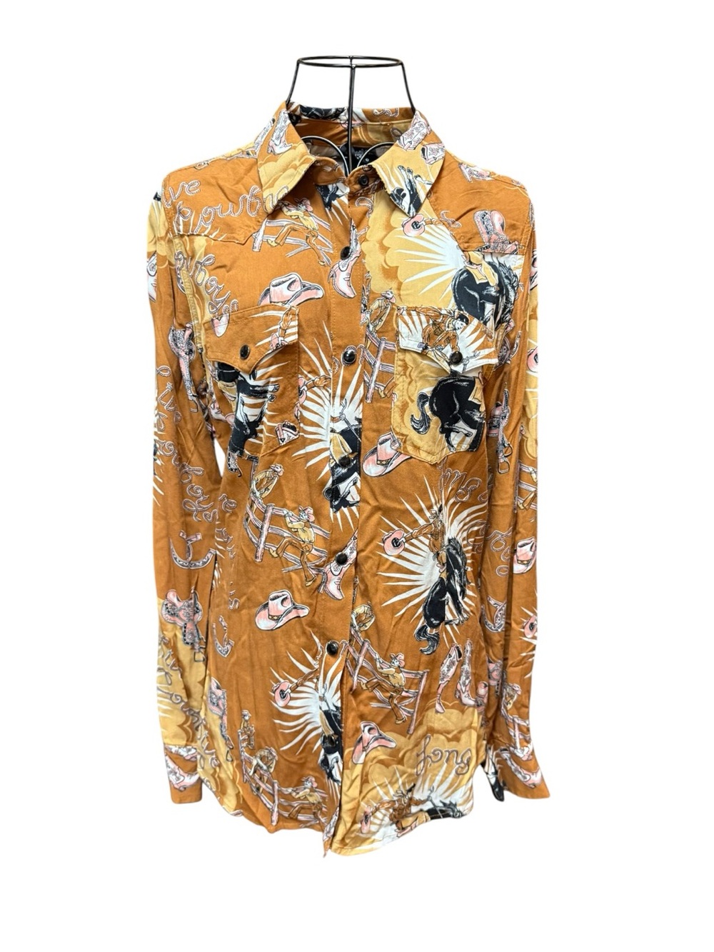 NWOT Wrangler Retro Rodeo Print Button-Down Shirt - Mustard Black Small